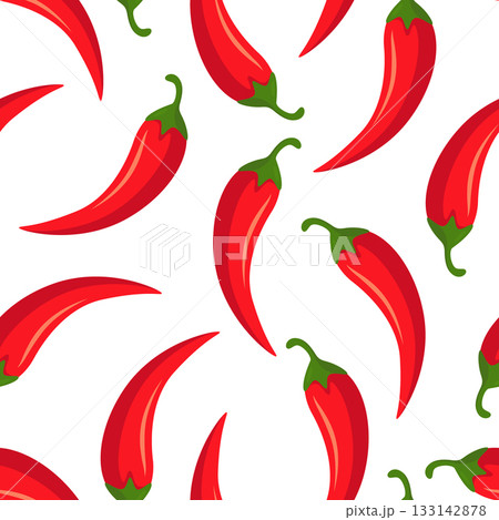 Vector Seamless Pattern with Red Chili Peppers, Vector Illustration. Hot Spicy Chili Pepper Background for Mexican Food, Cooking Design. Heat Ingredient, Fresh Organic Pepper Print Vector Seamless Pattern with Red Chili Peppers, Vector Illustration. Hot Spicy Chili Pepper Background for Mexican Food, Cooking Design. Heat Ingredient, Fresh Organic Pepper Print 133142878