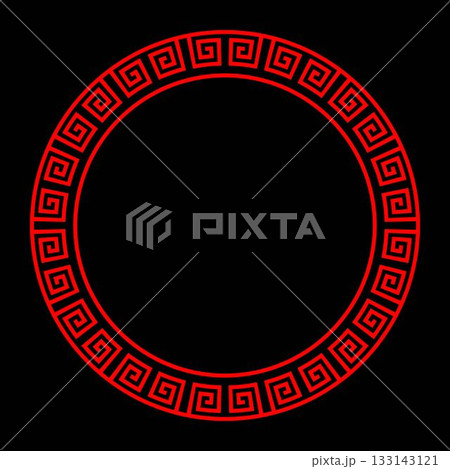 Decorative circular frame featuring the Greek key (meander) pattern in bright red against a solid black background. This classic motif creates a bold, geometric border 133143121