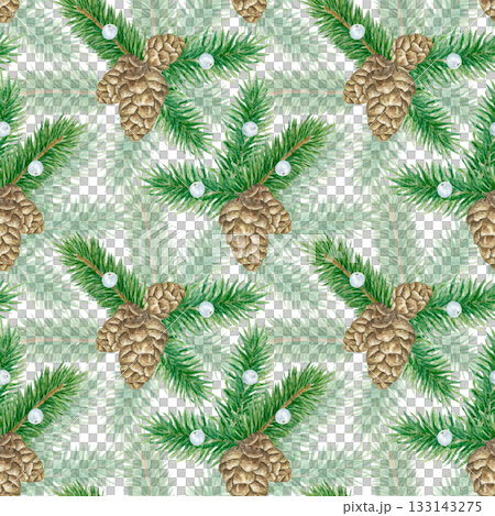 Winter seamless pattern with pine cones, berries, and spruce branches, watercolor. Christmas, festive design of fabric, packaging, and paper. Pine cones and needles are hand-drawn. Winter seamless pattern with pine cones, berries, and spruce branches, watercolor. Christmas, festive design of fabric, packaging, and paper. Pine cones and needles are hand-drawn. 133143275