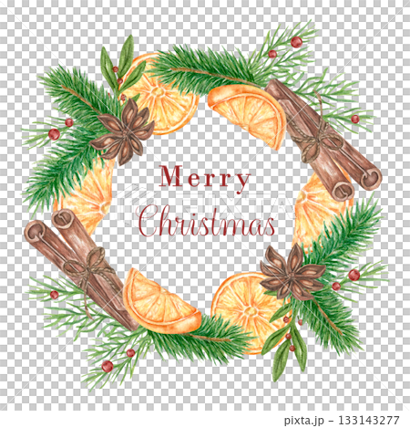 A round Christmas wreath made of fir branches, orange slices, cranberries, cinnamon, anise. A winter watercolor frame for decorating postcards, menus, holiday decor. Border with space for text 133143277