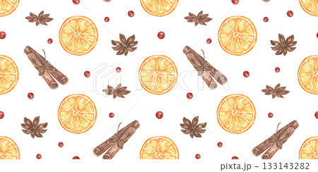 Seamless pattern with spicy spices for a hot drink: orange slices, cinnamon, anise, and cranberries. Vintage watercolor pattern for Christmas textiles, holiday menus, and wrapping paper. Seamless pattern with spicy spices for a hot drink: orange slices, cinnamon, anise, and cranberries. Vintage watercolor pattern for Christmas textiles, holiday menus, and wrapping paper. 133143282