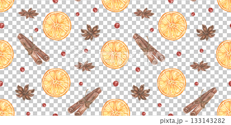 Seamless pattern with spicy spices for a hot drink: orange slices, cinnamon, anise, and cranberries. Vintage watercolor pattern for Christmas textiles, holiday menus, and wrapping paper. 133143282