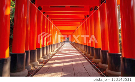朱色の京都千本鳥居が無数に連なる参道をまっすぐに見通した一枚。差し込む光がきらきらと揺れている 133143531