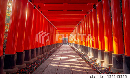 朱色の京都千本鳥居が無数に連なる参道をまっすぐに見通した一枚。差し込む光がきらきらと揺れている 133143536