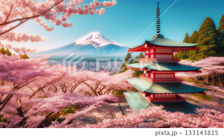 富士山と桜と五重塔。日本の春の風景イラスト 富士山と桜と五重塔。日本の春の風景イラスト 133143815