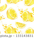 A seamless pattern with yellow lemon slices and halves and splashes of juice. A juicy illustration of this tropical fruit. Hand-drawn with watercolors. 133143831
