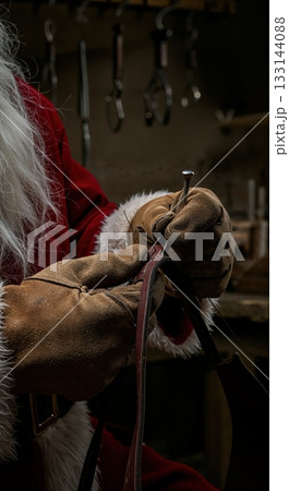 A close-up view of an elderly man's gloved hands in a Santa Claus costume meticulously crafting a leather belt in a dimly lit workshop. 133144088