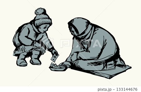 Vector Drawing. Girl Giving Alms to a Beggar 133144676