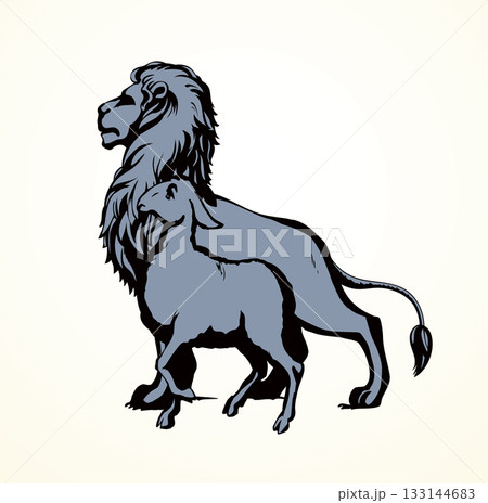 Vector drawing. Lion and lamb walks together Vector drawing. Lion and lamb walks together 133144683