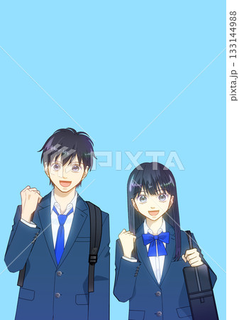 リュックとスクールバッグを持つ高校生または中学生の男女のアニメ風イラスト 133144988