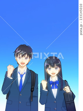 リュックとスクールバッグを持つ高校生または中学生の男女のアニメ風イラスト 133145010