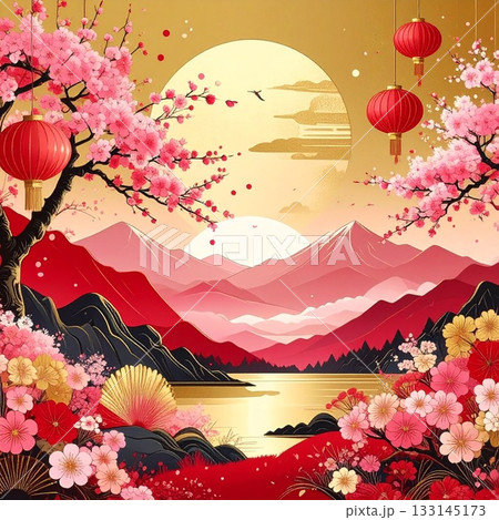 金屏風の背景に和風小物の背景素材 金屏風の背景に和風小物の背景素材 133145173