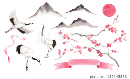 Cranes and sakura. Watercolor handmade collection of cranes, sakura, ribbons, mountains and sun. Delicate illustrations for fabric, wallpaper, greeting cards, design, decoration and illustration. Cranes and sakura. Watercolor handmade collection of cranes, sakura, ribbons, mountains and sun. Delicate illustrations for fabric, wallpaper, greeting cards, design, decoration and illustration. 133145258