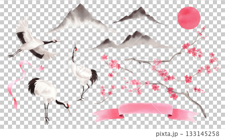 Cranes and sakura. Watercolor handmade collection of cranes, sakura, ribbons, mountains and sun. Delicate illustrations for fabric, wallpaper, greeting cards, design, decoration and illustration. 133145258