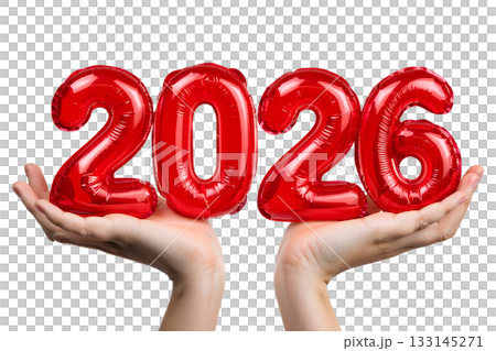 Hands holding set of shiny red foil number balloons for 2026, celebrating happy new year Hands holding set of shiny red foil number balloons for 2026, celebrating happy new year 133145271