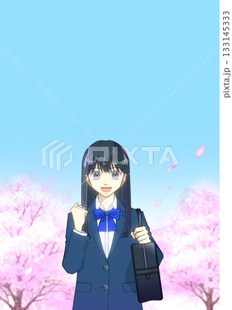 満開の桜を背景にしてスクールバッグを持つ高校生または中学生の女の子のアニメ風イラスト 133145333