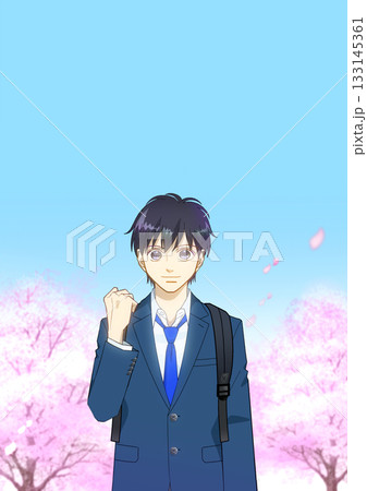 満開の桜を背景にしてリュックを背負う高校生または中学生の男の子のアニメ風イラスト 満開の桜を背景にしてリュックを背負う高校生または中学生の男の子のアニメ風イラスト 133145361