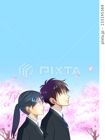 満開の桜を背景にして青空を見上げる学生または社会人の男女のアニメ風イラスト 満開の桜を背景にして青空を見上げる学生または社会人の男女のアニメ風イラスト 133145369
