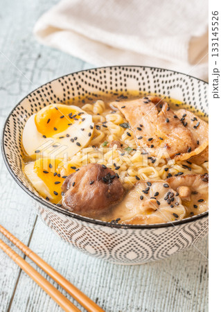 Bowl of ramen with pork belly, soft egg, and shiitake mushrooms 133145526