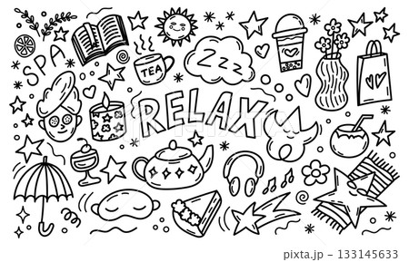 Relax themed doodle circle with spa and cozy elements Relax themed doodle circle with spa and cozy elements 133145633