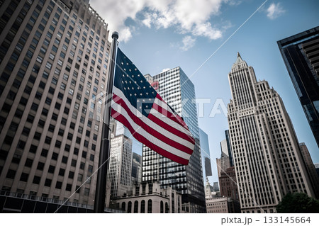 The flag of the United States in front of the skyscrappers in generic US downtown district at daytime, neural network generated image The flag of the United States in front of the skyscrappers in generic US downtown district at daytime, neural network generated image 133145664