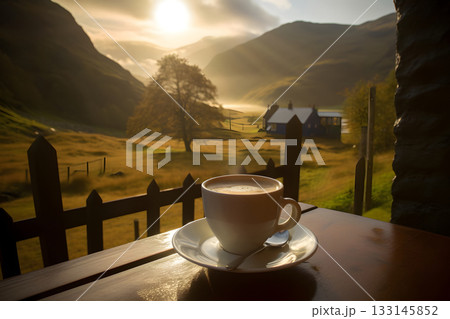 coffee cup on wooden table in front of small valley cloudy spring morning in Scotland, neural network generated photorealistic image coffee cup on wooden table in front of small valley cloudy spring morning in Scotland, neural network generated photorealistic image 133145852