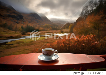 coffee cup on wooden table in front of small river valley cloudy autumnal morning in Scotland, neural network generated photorealistic image coffee cup on wooden table in front of small river valley cloudy autumnal morning in Scotland, neural network generated photorealistic image 133145853