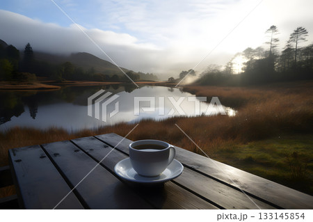 coffee cup on wooden table in front of small harbor at cloudy autumnal morning in Scotland, neural network generated photorealistic image coffee cup on wooden table in front of small harbor at cloudy autumnal morning in Scotland, neural network generated photorealistic image 133145854