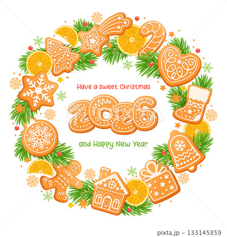 Merry Christmas Greeting Card With Gingerbread Cookies 133145859
