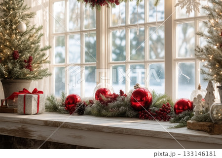 A bright festive windowsill is decorated with red ornaments, greenery, berries, and frosted Christmas trees beside a snowy view A bright festive windowsill is decorated with red ornaments, greenery, berries, and frosted Christmas trees beside a snowy view 133146181