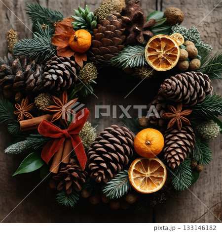 A richly textured rustic wreath is decorated with pinecones, oranges, spices, evergreen branches, and a velvet bow 133146182