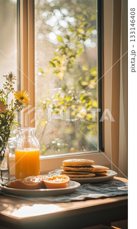 A bright morning scene featuring delicious breakfast items on a table. Fresh pancakes, orange slices, and a glass of juice await. The natural light enhances the ambiance. Generative AI 133146408
