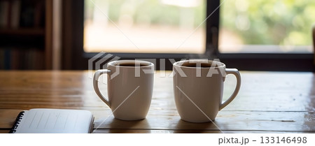 白いマグカップとノートが並ぶ木製テーブル、自然光が差し込む穏やかなカフェ風風景写真 白いマグカップとノートが並ぶ木製テーブル、自然光が差し込む穏やかなカフェ風風景写真 133146498