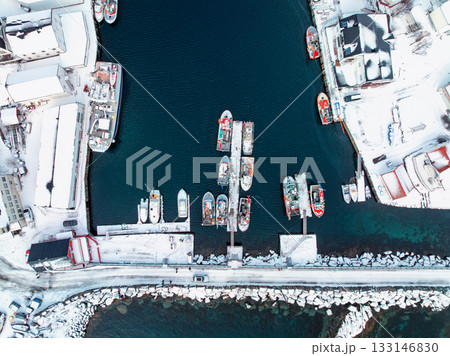 Aerial winter view of a small harbor in Lofoten, Norway Aerial winter view of a small harbor in Lofoten, Norway 133146830