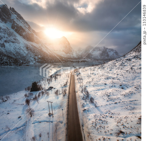 Aerial view of winter road at sunset. Lofoten islands, Norway 133146839