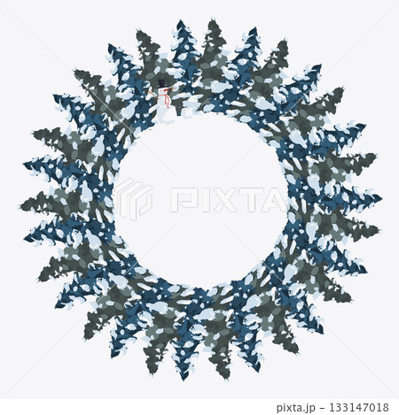 Wreath with snow covered Christmas trees and snowman on it, good for thematic emblem, banner, calligraphy poster, greeting card. 133147018
