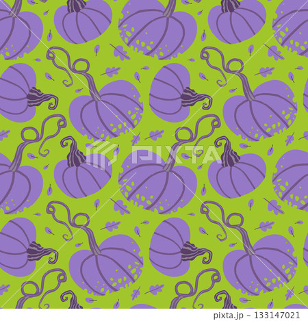 A pattern of purple and green pumpkins with stems on an acid green background. A pattern of purple and green pumpkins with stems on an acid green background. 133147021
