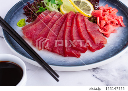 tuna sashimi, with side dish, on a marble table, homemade, no people, 133147353