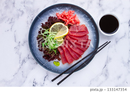 tuna sashimi, with side dish, on a marble table, homemade, no people, tuna sashimi, with side dish, on a marble table, homemade, no people, 133147354