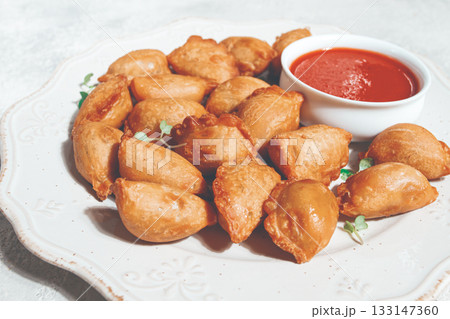 Fried mini chebureks, with sauce, on a decorative plate, hard light, no people, Fried mini chebureks, with sauce, on a decorative plate, hard light, no people, 133147360