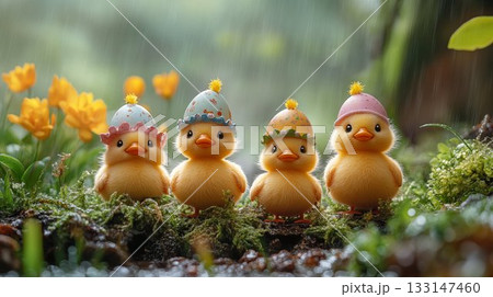 Decorative ducklings wearing colorful eggshell hats in rain, whimsical garden scene 133147460