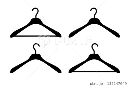 Hanger wardrobe icons. Set of cloakroom black silhouette pictogram. Clothes rack, service symbol. Dry cleaning pattern, clothing store signs collection. 133147649