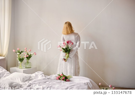 Pensive domestic scene, Woman gazes through window decor 133147678