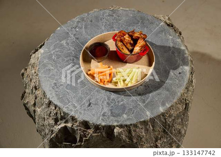 Enjoy a Delicious Appetizer Platter that features Colorful Veggies and Tasty Dipping Sauce 133147742