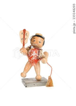 Vintage Japanese wooden figurine with decorative tassels and guitar. 133148203