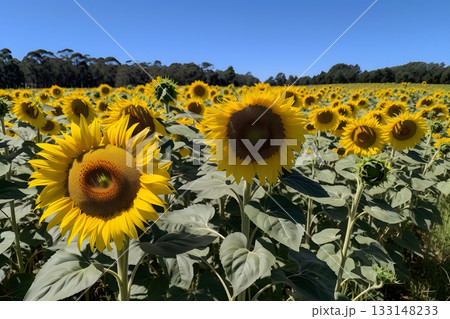 A field of sunflowers with a clear blue sky in the background, neural network generated image 133148233