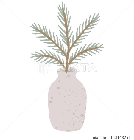 Scandinavian pine branch in ceramic vase cozy winter greenery decor natural hygge minimalist illustration soft neutral Christmas aesthetic 133148251