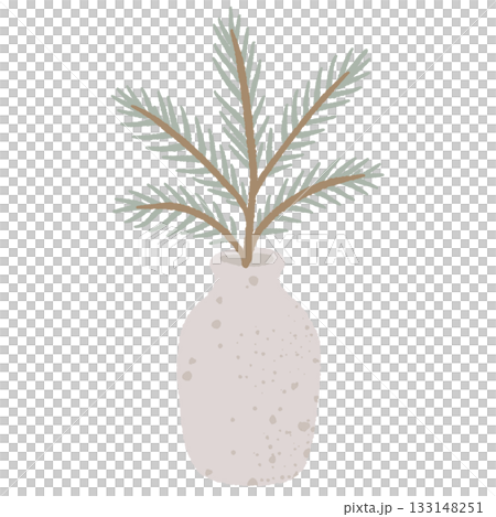 Scandinavian pine branch in ceramic vase cozy winter greenery decor natural hygge minimalist illustration soft neutral Christmas aesthetic 133148251