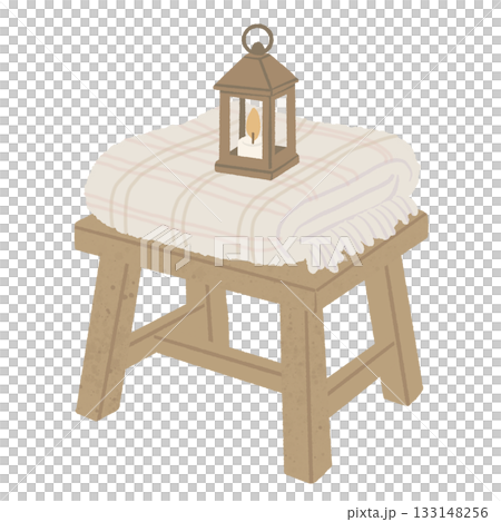 Cozy Scandinavian Christmas decor illustration featuring a rustic wooden stool with a soft plaid blanket and a warm glowing lantern creating a hygge winter home aesthetic in neutral minimal style 133148256
