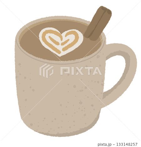 Cozy latte mug with cinnamon stick and heart foam art warm Scandinavian hygge winter drink illustration in soft neutral minimal aesthetic 133148257
